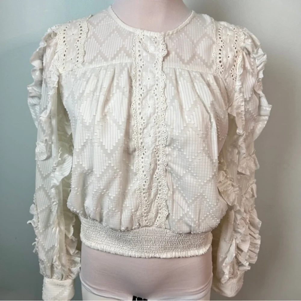 Anthropologie Not So Serious Donna Lace Boho Blouse White Ruffle Top | Size M